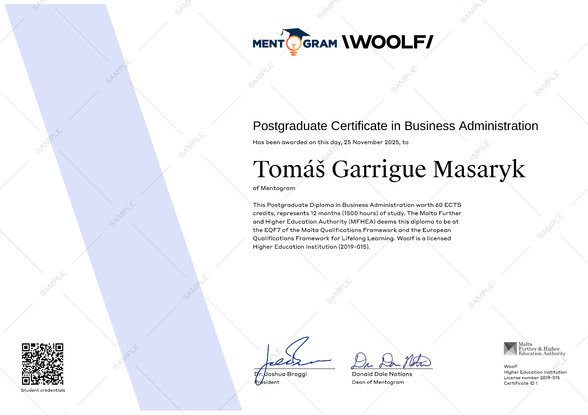 Sample Postgraduate Diploma in Business Administration certificate awarded with Woolf